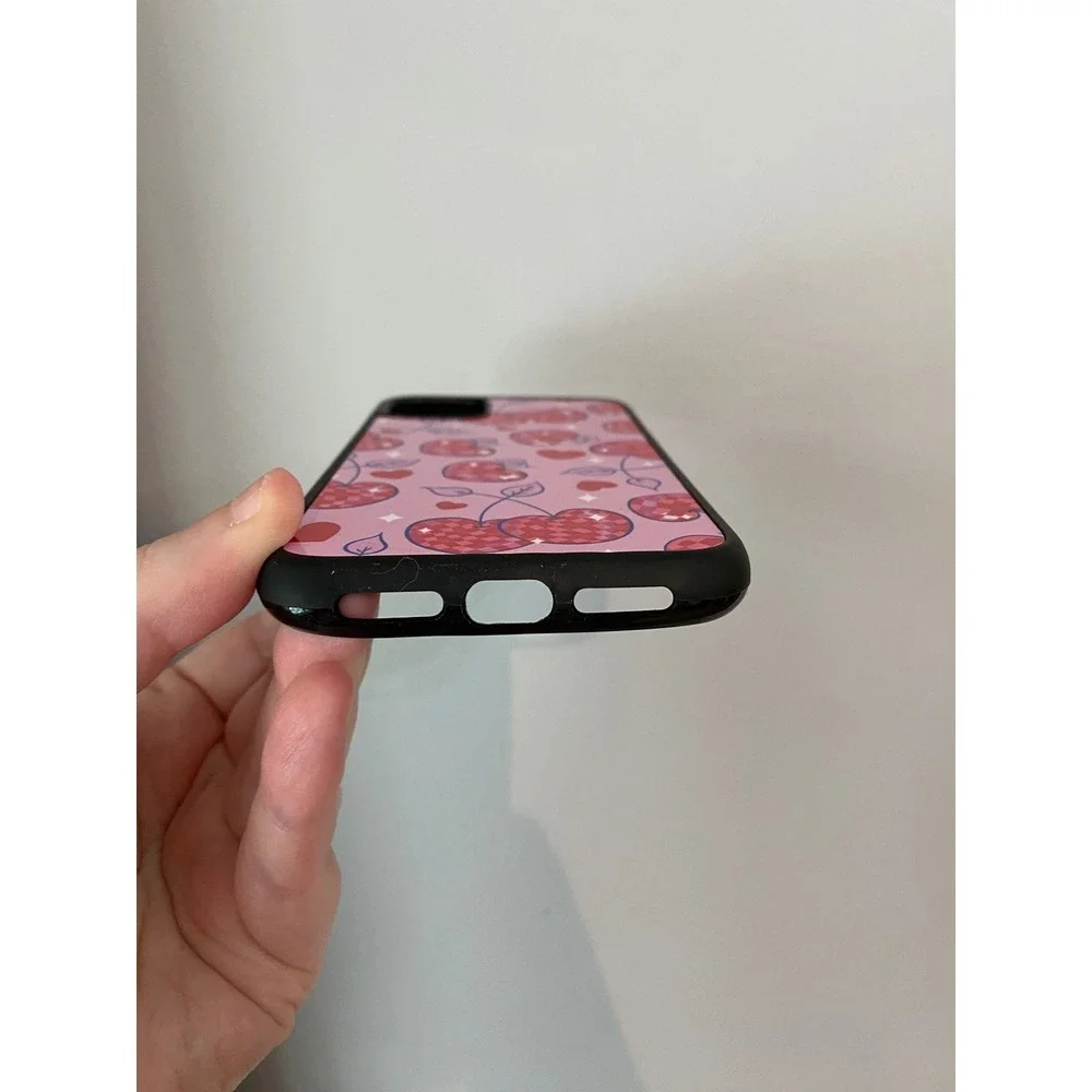 iPhone 11 Phone Case Pink‎ Disco Ball Cherry Heart Pattern Black Bumper Grip